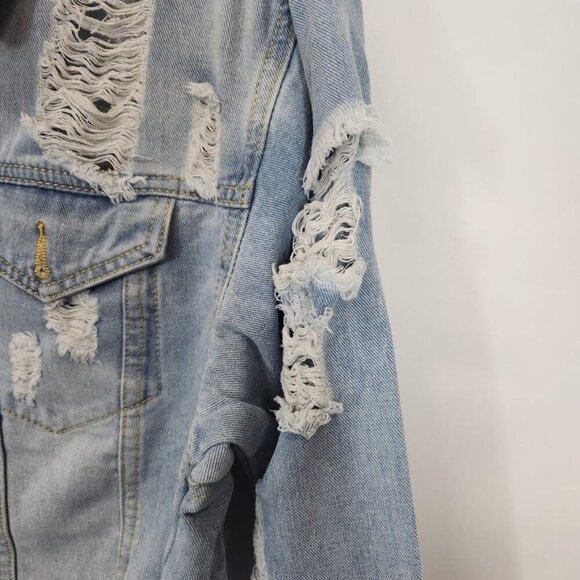 Daisy Distressed Cropped Jean Jacket in Medium Denim Wash - Size Medium - Picture 3 of 8